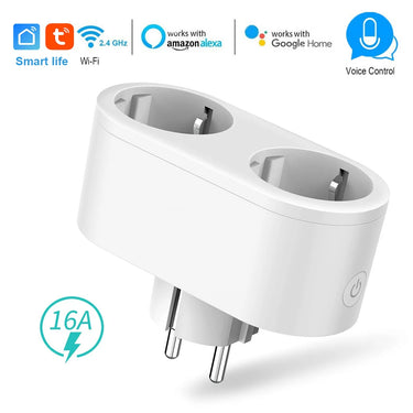 16A Tuya Smart Outlet WiFi Dual Plug EU 2 In 1 Socket Switch Smart Life APP Voice Timing Control Works With Alexa Google Home